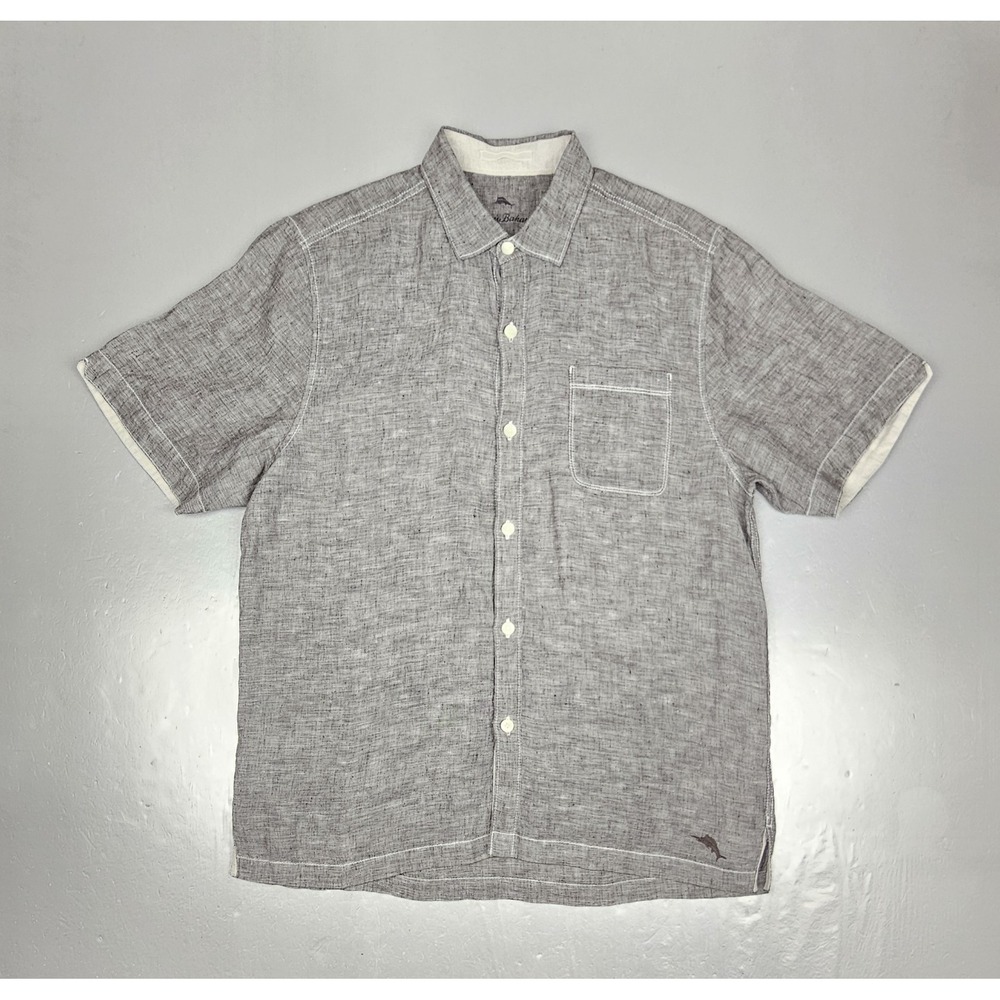 Tommy Bahama Linen Shirt Mens Large Paradise‎ Breezer Brown Short Sleeve Casual